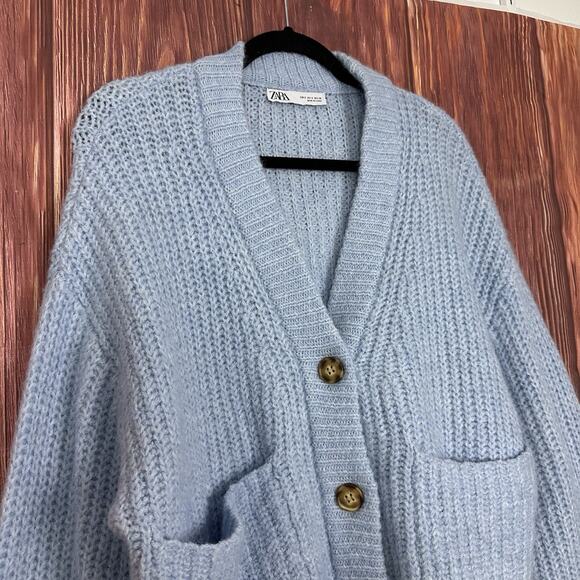 Zara Womens Chunky Knit Cardigan Light Blue Oversized Size Small S - Picture 2 of 5